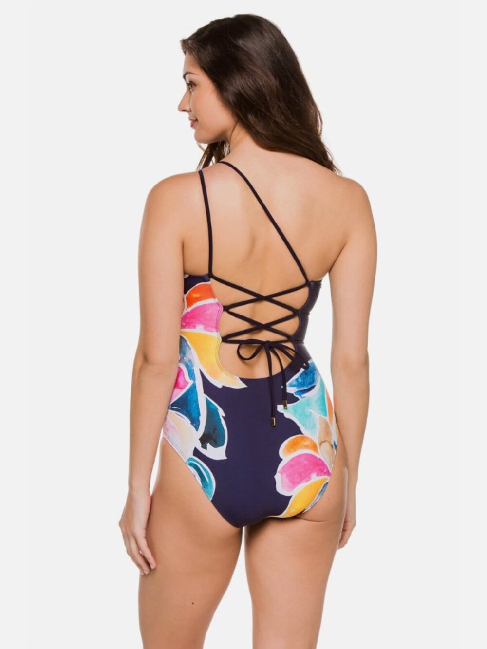 La Blanca Petals In Bloom Navy Blue Pink One Shoulder One Piece Swimsuit sz 16 - Picture 2 of 8